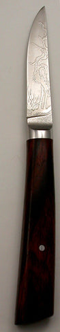 3 inch Paring Knife with 'Heron' Etching and Cocobolo Handle.