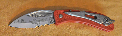 Boye Cobalt Eagle's Wing Lockback Folding Pocket Knife with "String of Whales" Laser Engraving, Marlin Spike & Red Handle.