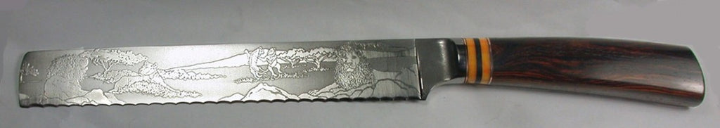 8 inch Bread Knife with 'Stylized Lions' Etching.