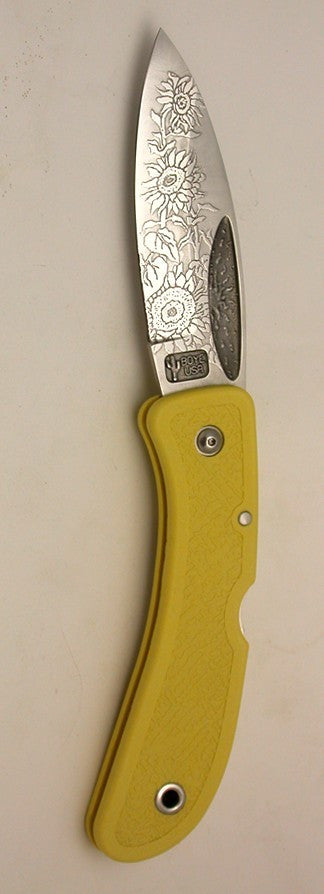 Boye Sunburst Lockback Folding Pocket Knife with 'Sunflower' Etching and Yellow Handle.