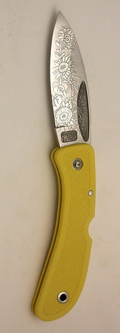 Boye Sunburst Lockback Folding Pocket Knife with 'Sunflower' Etching and Yellow Handle.