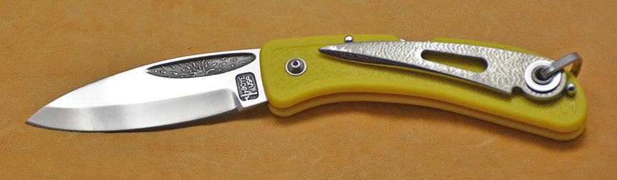 Boye Cobalt Sunburst Lockback Folding Pocket Knife with Yellow Handle and Marlin Spike.
