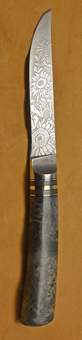 4.5 inch Kitchen Utility Knife with 'Sunflowers' Etching and Buckeye Burl Handle.