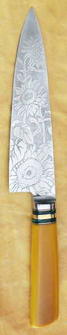 8 inch Chef's Knife with 'Sunflower' Etching and Butterscotch Micarta.