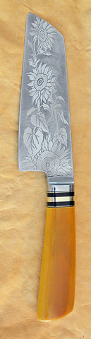 6 inch Chopper with 'Sunflowers' Etching and Westinghouse Bleached Linen Micarta Handle.