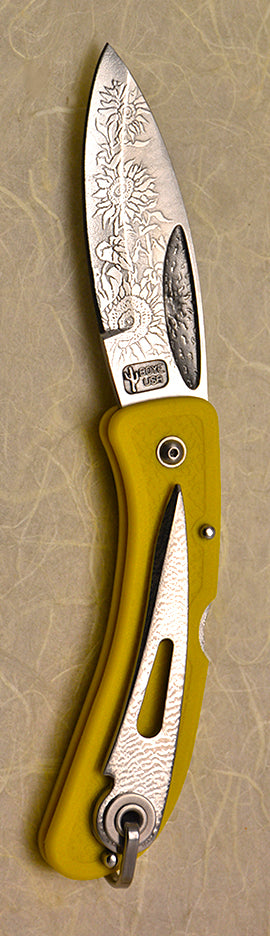 Boye Sunburst Lockback Folding Pocket Knife with 'Sunflower' Etching, Yellow Handle, and Marlin Spike.