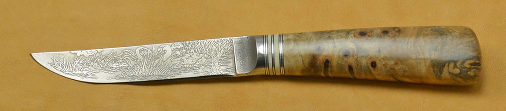 4.5 inch Kitchen Utility Knife with 'Swans' Etching and Buckeye Burl Handle.
