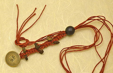 Rust Color Waxed Hemp Macrame Lanyard and Antique Tombac Button with Engraved Flower Design & 6 Ancient Stone Beads