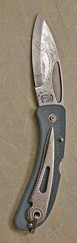 Boye Prophet Lockback Folding Pocket Knife with "Trout" Etching and Blue Zytel Handle with Marlin Spike.