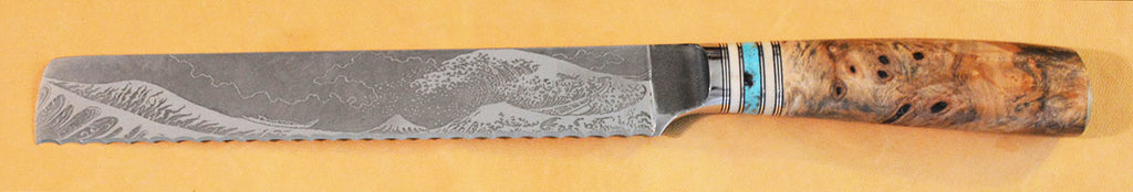 8 inch Bread Knife with 'Tsunami' Etching and Buckeye Burl Handle.