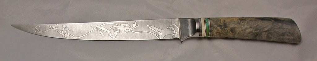 8 inch Filet Knife with 'String of Whales' Etching.