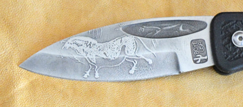 Boye Celtic Horse Lockback Folding Pocket Knife with 'Lescaux Yellow Horse' Etching.