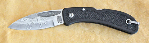 Boye Celtic Horse Lockback Folding Pocket Knife with 'Lescaux Yellow Horse' Etching.