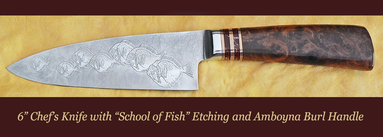 6" Chef's Knife with "School of Fish" Etching and Amboyna Burl Handle