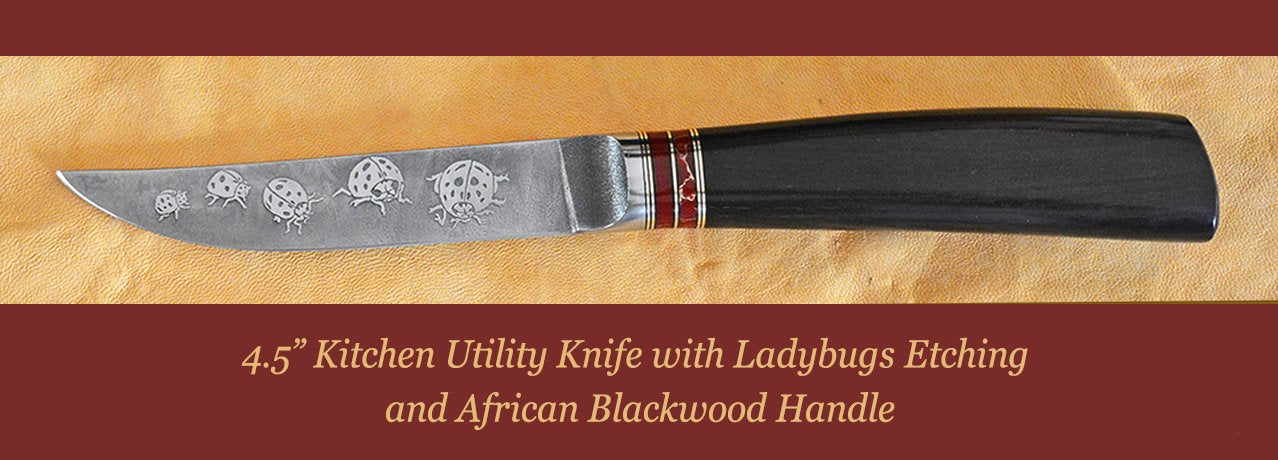 4.5" Kitchen Utility Knife with Ladybugs etching and African Blackwood handle