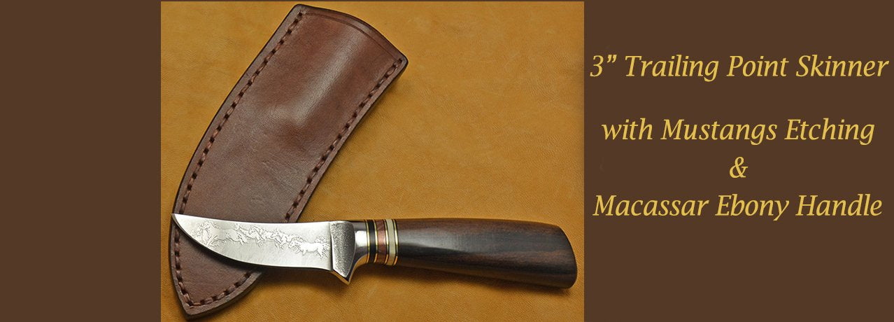 3" Trailing Point Skinner with Mustangs Etching and Macassar Ebony Handle.